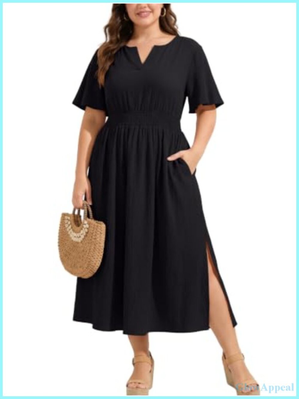 Plus Size V-Neck Smocked Maxi Dress with Pockets, Flutter Sleeve Midi